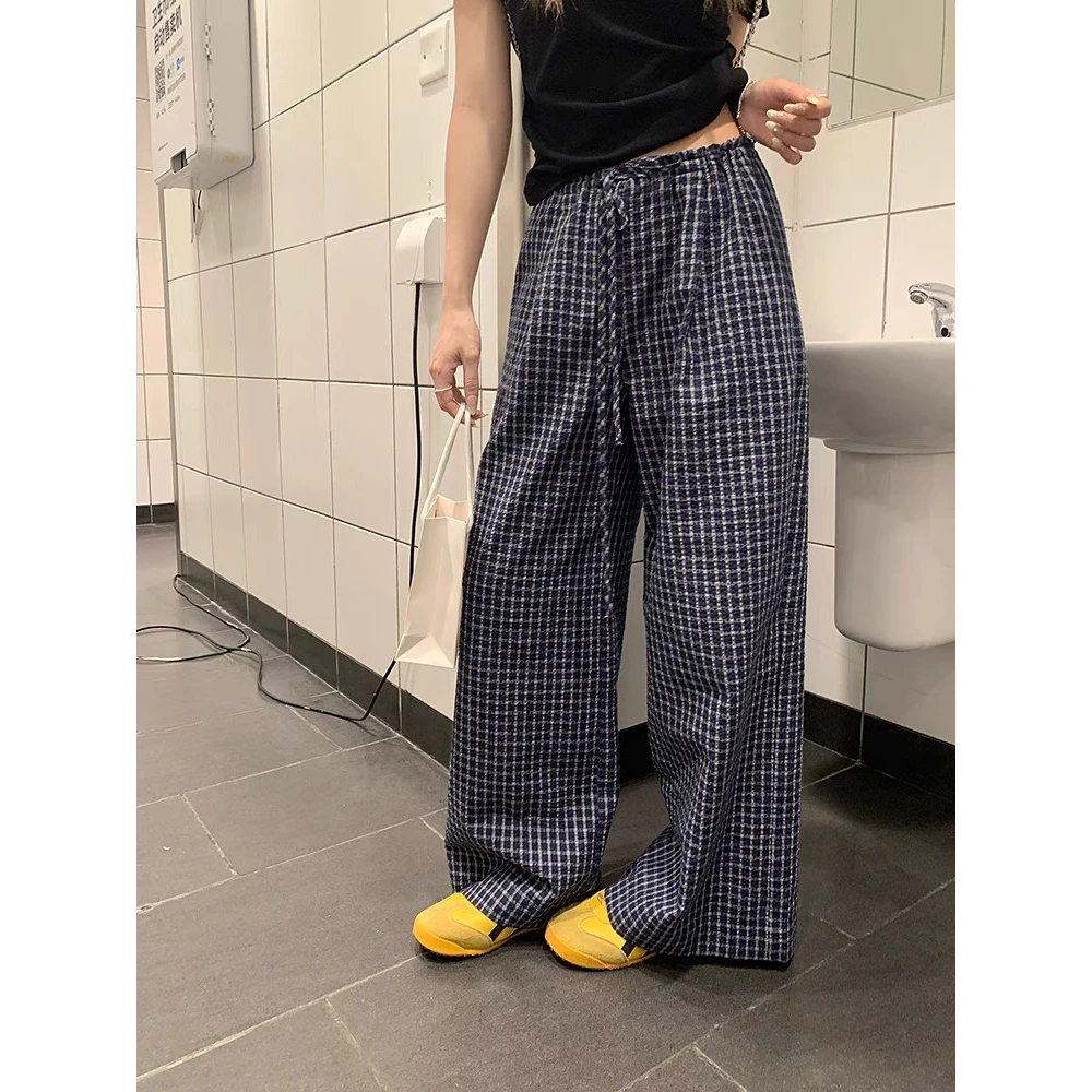 美树【WGWE】美式复古格纹阔腿裤低腰抽绳直筒拖地裤休闲裤  W5572#