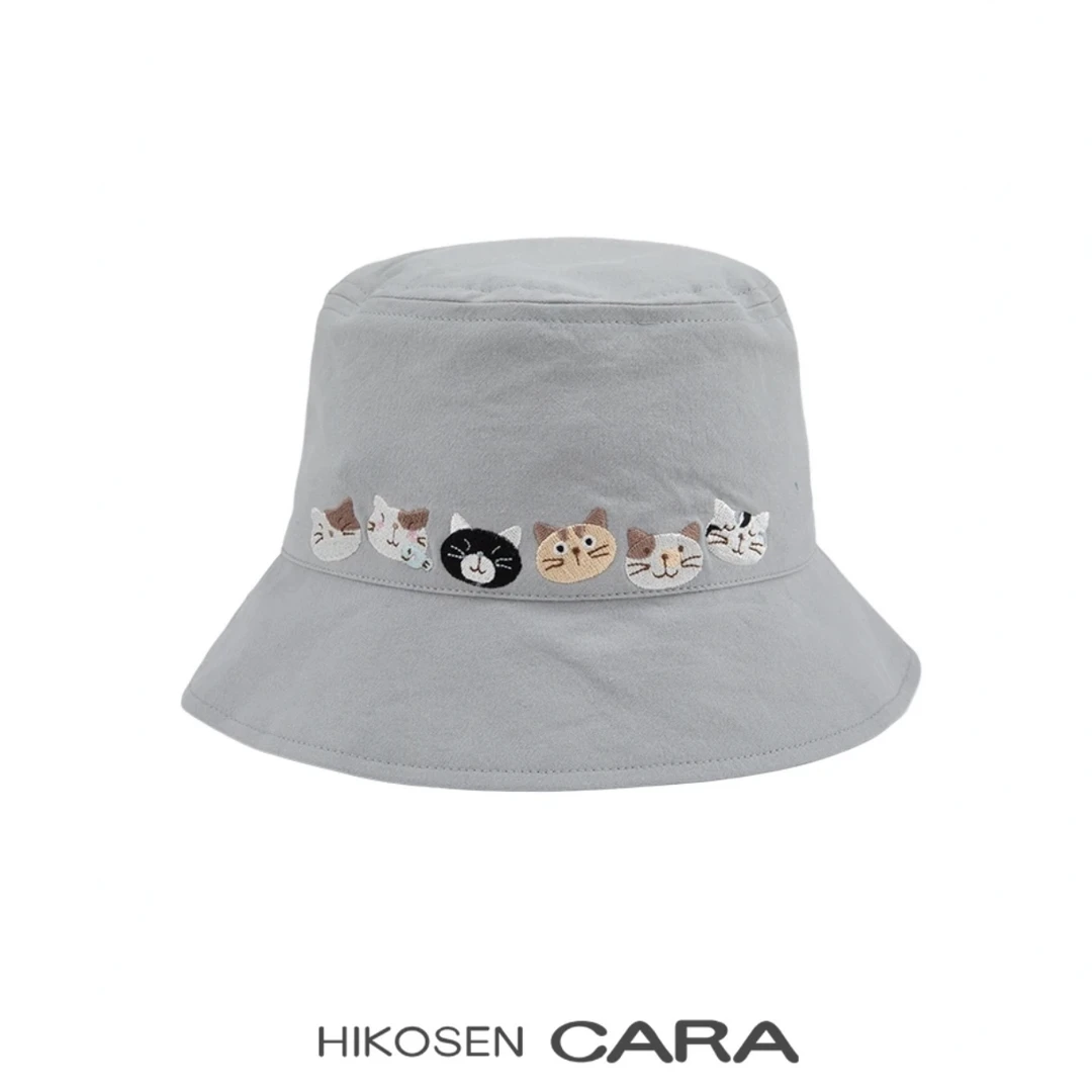 HIKOSEN CARA卡拉猫可爱猫咪刺绣渔夫帽子女百搭遮阳防晒帽