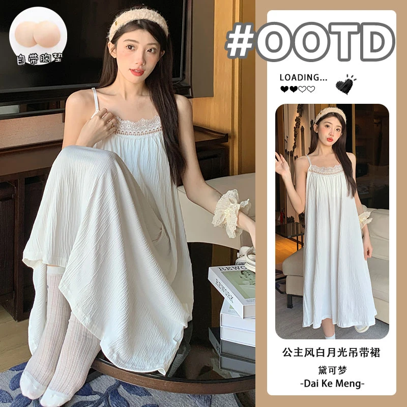 时尚高级感镂空性感吊带裙可外穿带胸垫蕾丝拼接睡裙家居服薄款夏