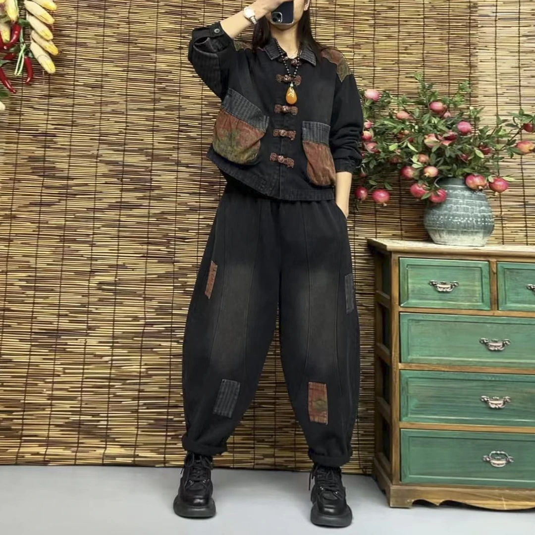 2025新款春季立领复古盘扣大口袋女牛仔套装宽松休闲风两件套