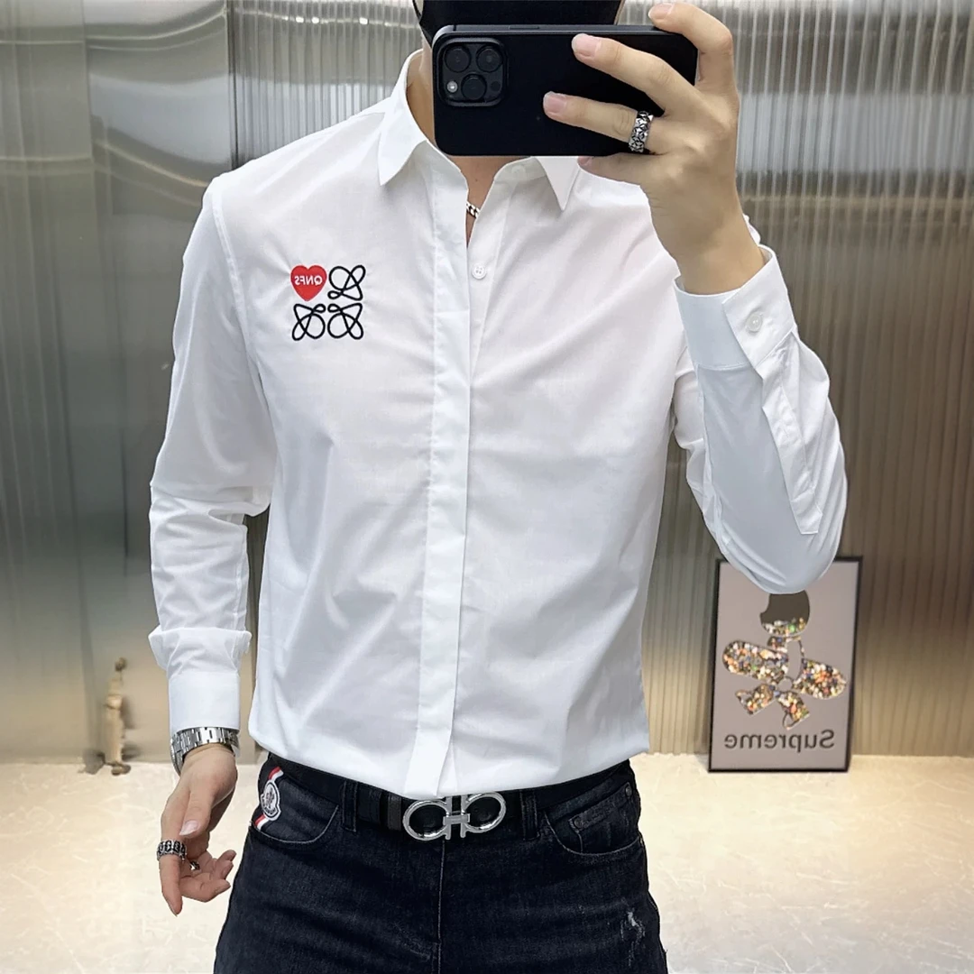 字母刺绣免烫长袖衬衫男修身百搭潮流轻奢男装抗皱帅气衬衣男上衣