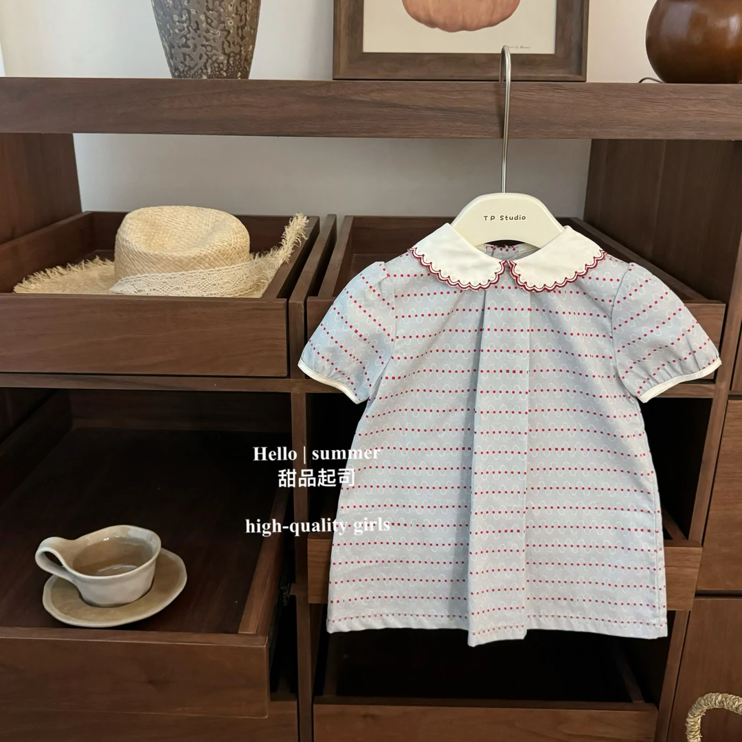 【甜品起司】大牌感！女宝宝娃娃领刺绣学院风A字版短袖洋气连衣裙