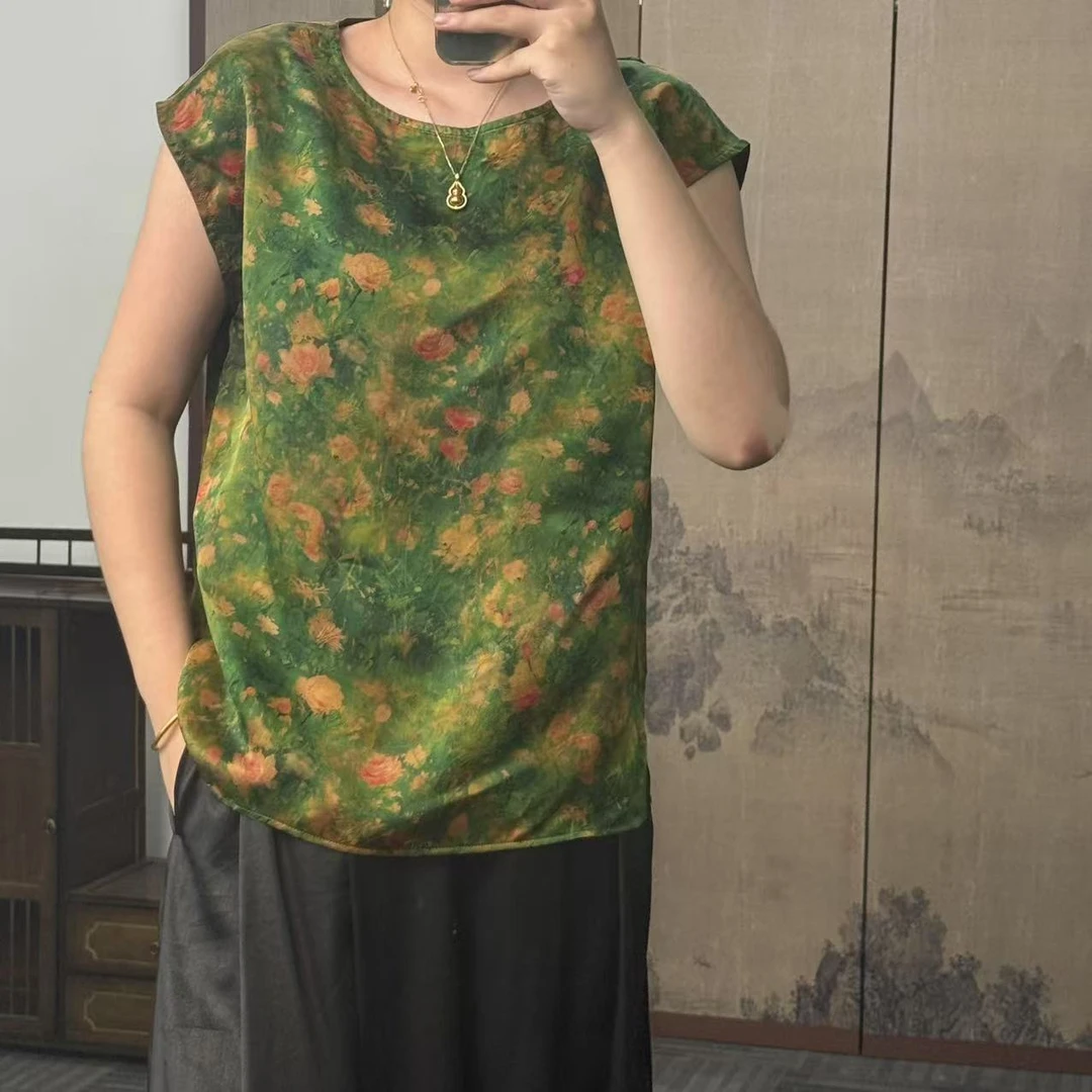 100桑蚕丝！绿花极简上衣