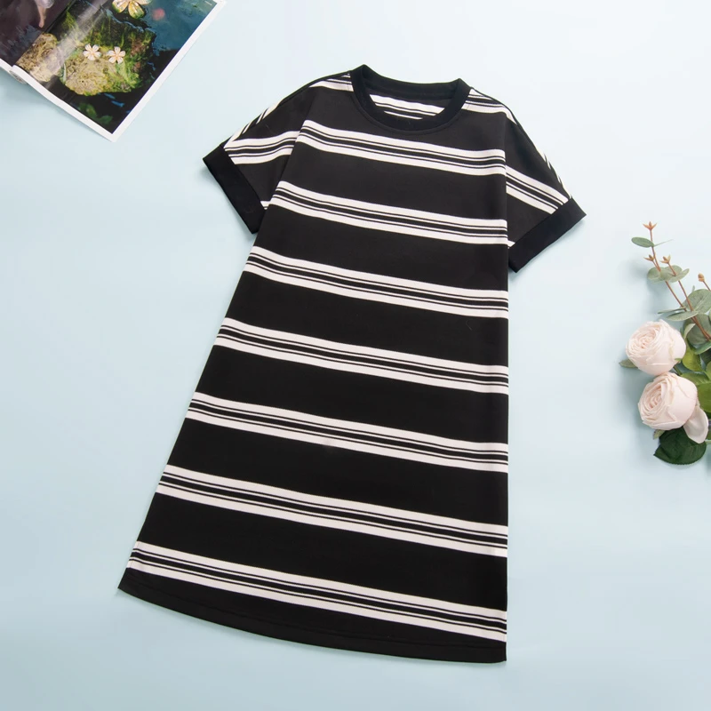 2045女童连衣裙儿童新款夏季黑色条纹裙中大童洋气时髦宽松休闲裙