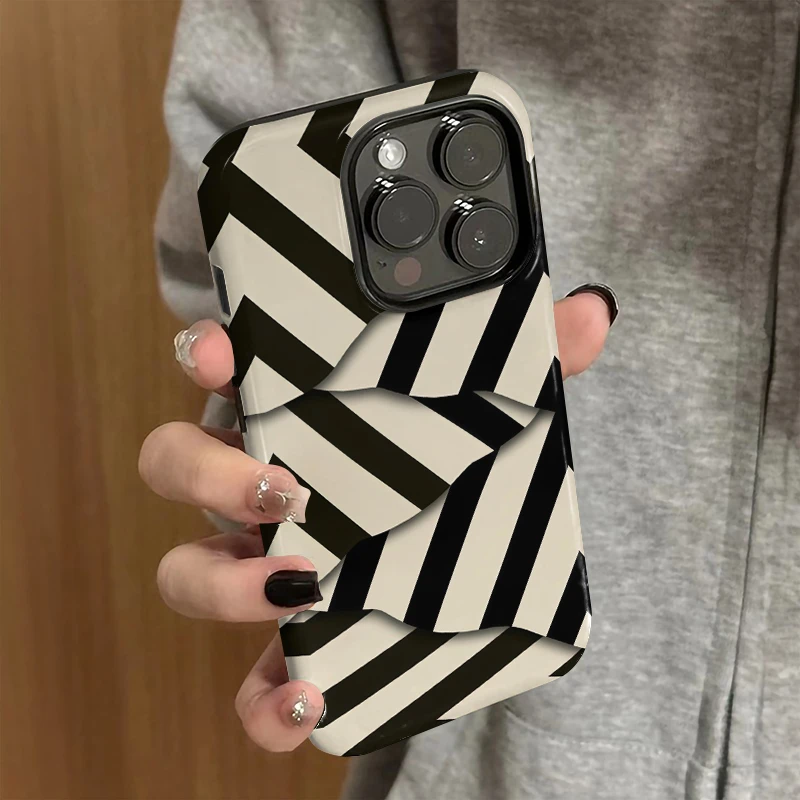 米白黑条纹手机壳女适用iPhone16苹果15Promax一加13/12菲林二合