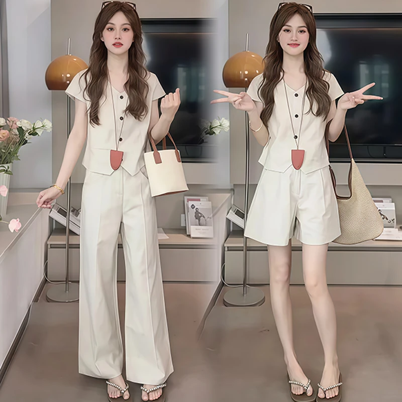 设计感休闲韩版套装女2025年夏季新款洋气减龄短袖阔腿裤两件套潮