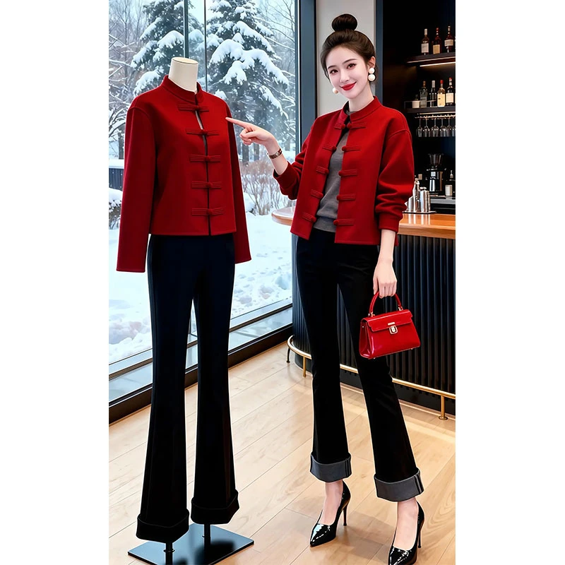兹伊翰【亭亭玉立】新中式国风红色外套女2025冬季新款盘扣设计上衣