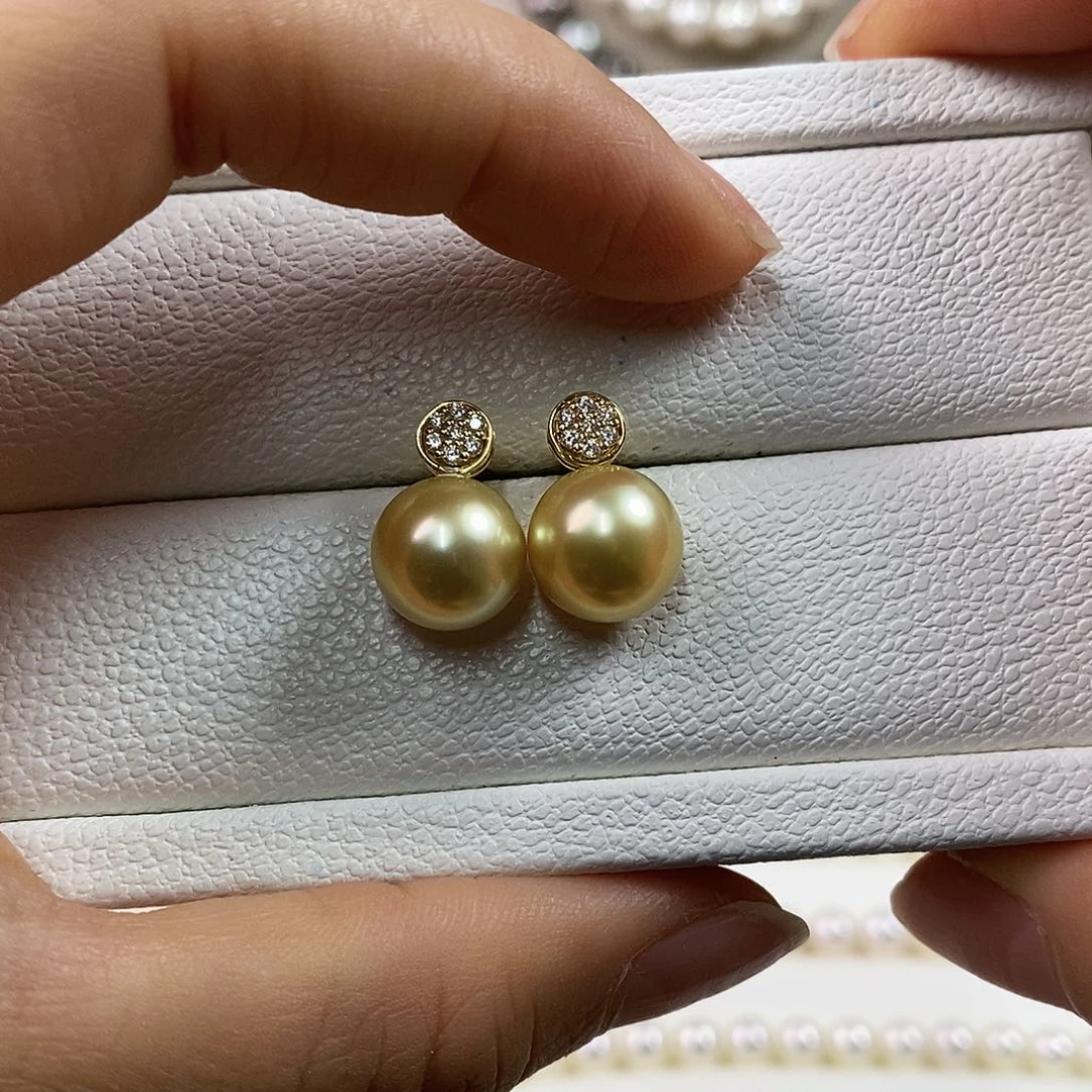 海水珍珠18K金镶嵌耳饰10-11m南洋金珠耳环（基本无暇）
