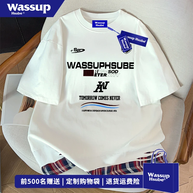 WASSUP HSUBE国潮牌vibe创意字母印短袖T恤男夏季高街风重磅上衣