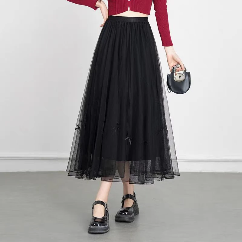 【正反两穿】网纱百褶半身裙长裙大摆蝴蝶结装饰春季显瘦高腰中长款