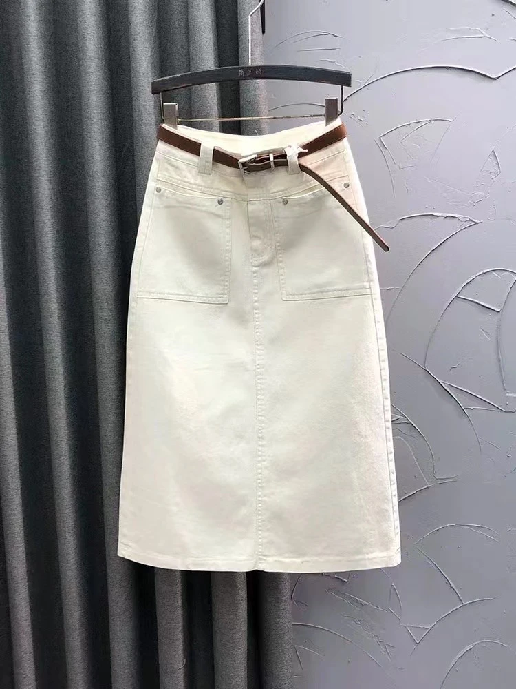 高腰显瘦牛仔半身裙女中长款开叉设计洋气时尚A字裙