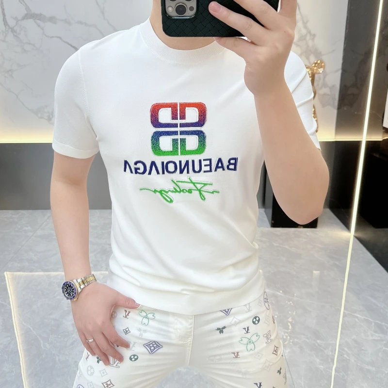 BX轻奢.潮牌男士高级感圆领T恤时尚纯色印花修身短袖2025夏季新款