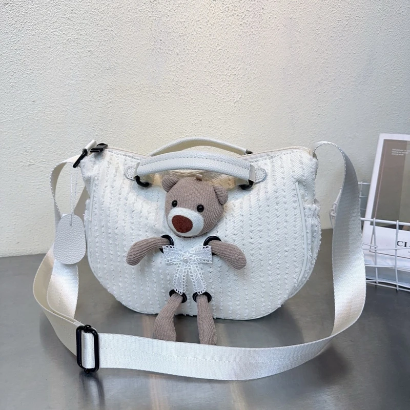 韩系ins编织女包熊包米白 特殊工艺牛仔布休闲手提包斜挎包