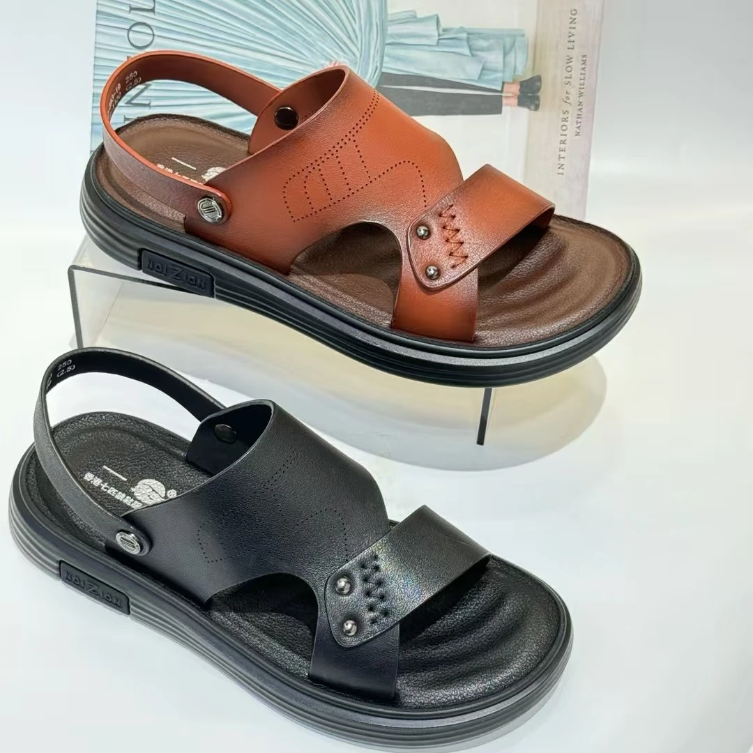 新款真皮减震防滑一脚蹬透气沙滩鞋子外穿露趾特大软底夏季凉鞋