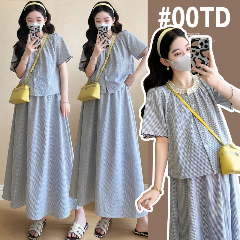 【安安】孕妇装夏季格子上衣+半身裙两件套时尚款减龄孕妇套装夏装