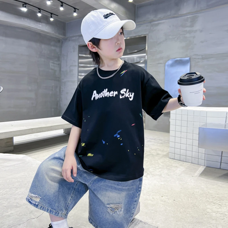 男大童夏季韩范彩色纯棉短袖T恤2025新款儿童夏装半袖冰感上衣潮