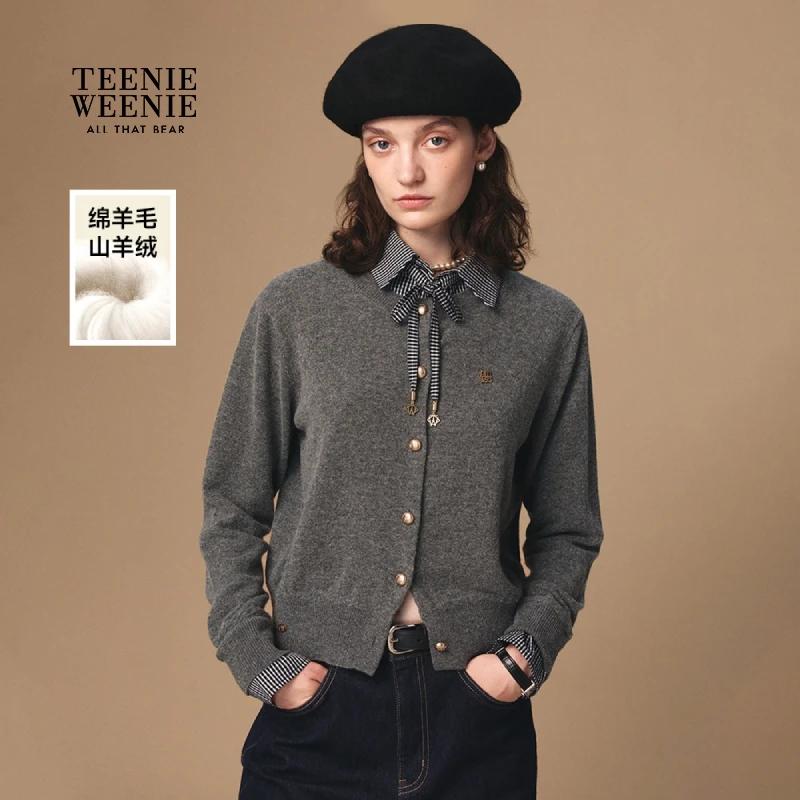 TeenieWeenie小熊毛衣25秋新款格纹领拼接针织开衫女TTCK254TW2K