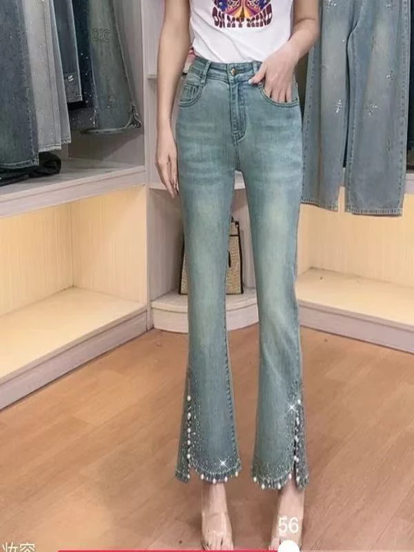 高腰开叉微喇钉珠烫钻牛仔女夏季新款显瘦喇叭裤百搭（瑕疵，慎拍）