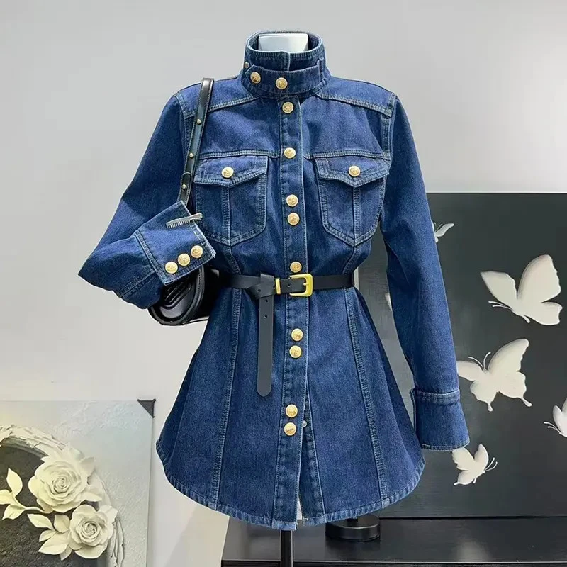美式立领加绒牛仔衬衫女春冬新款时尚金属扣别致衬衣宽松显瘦上衣