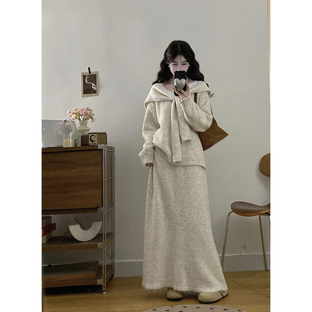 大码胖MM气质圆领长袖毛衣披肩秋冬慵懒高腰a字半身裙时尚套装女