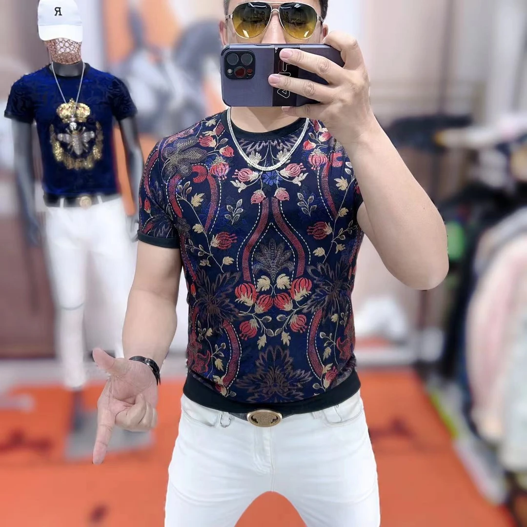 力龍潮牌男士夏季新款高定提花时尚潮流修身弹力短袖T桖