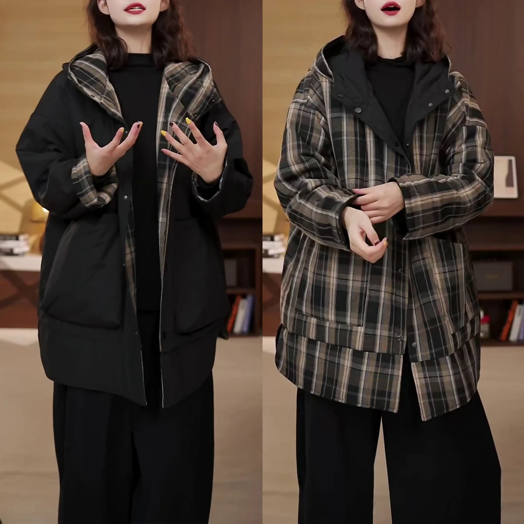时尚休闲百搭中长款棉衣外套秋冬新款洋气宽松显瘦双面穿连帽棉服