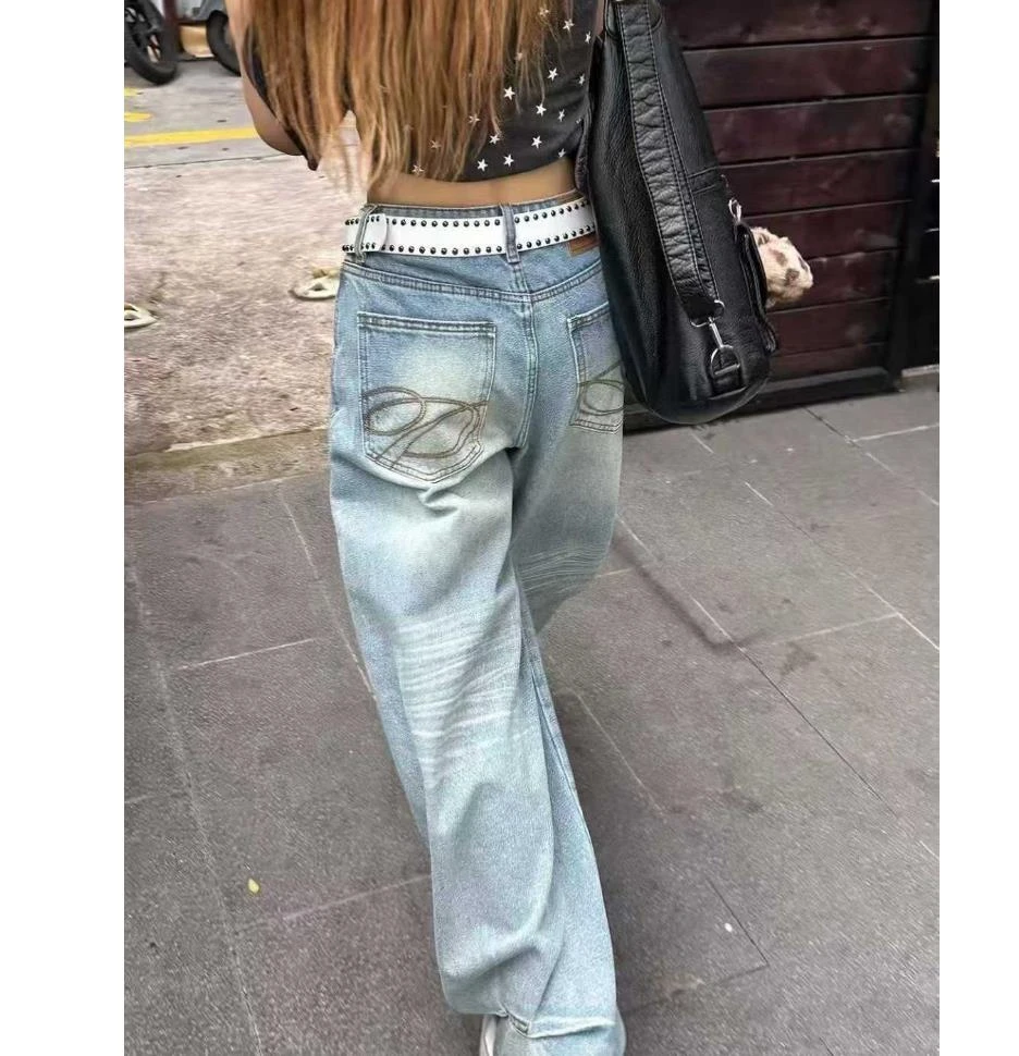 7828新款皮牌重工时尚洋气牛仔弯刀阔腿裤显瘦高腰百搭时尚休闲