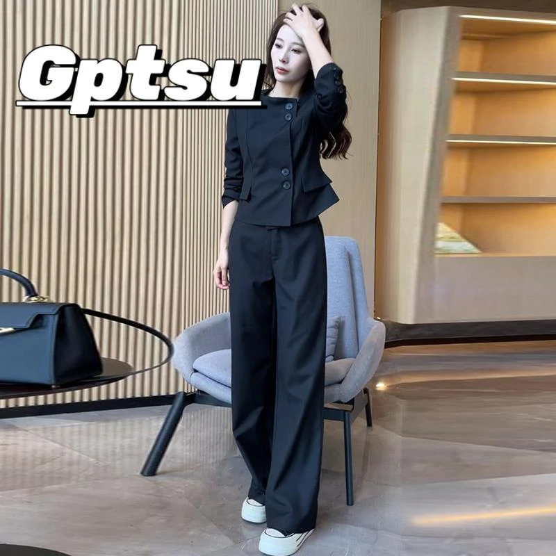 GPTSu洋气质显瘦裤休闲减龄两件套时尚套装女2025款短款外套阔腿