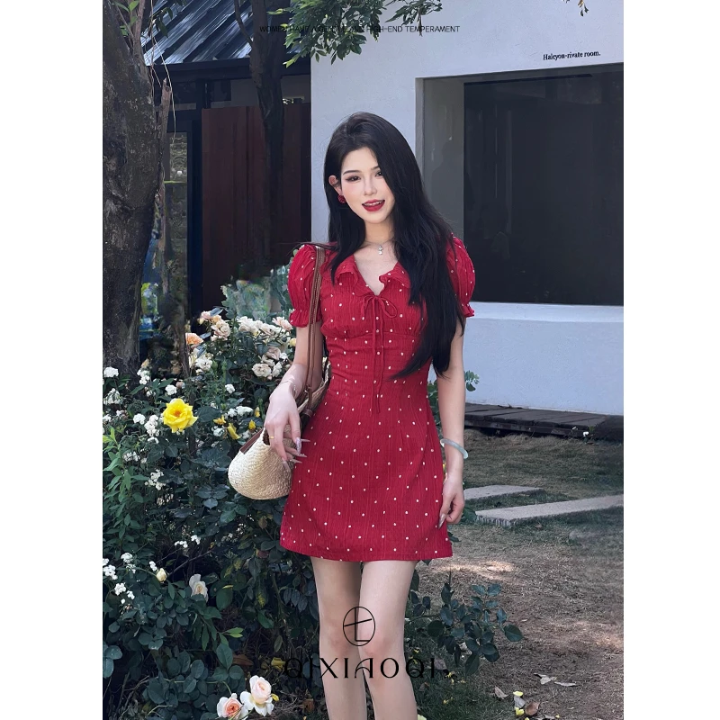 七小七Sicily【罗曼庄园】法式红色波点设计感短款连衣裙女春夏季