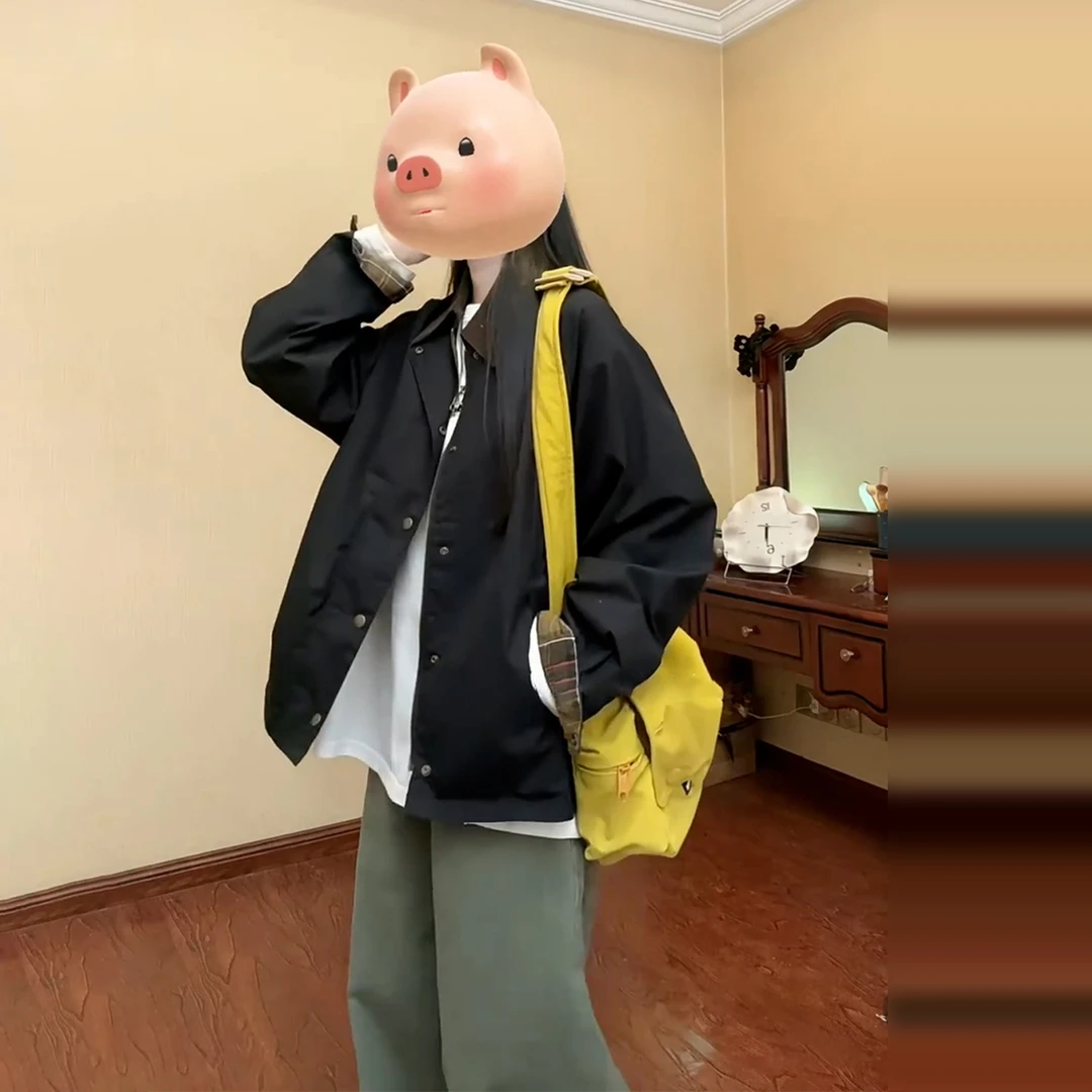 韩系工装外套女秋季2025新款高级设计感格纹拼接复古猎装夹克上衣