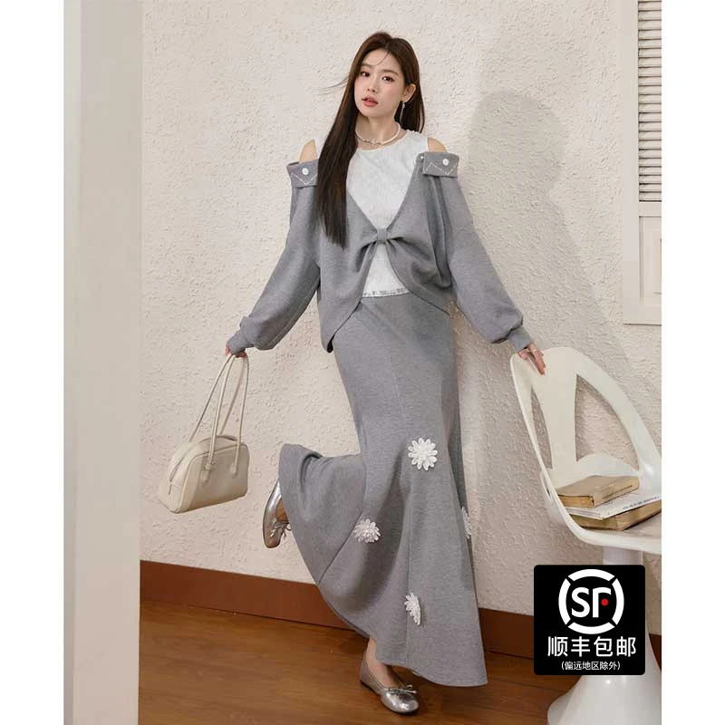 蓝语大码女装休闲假两件蕾丝上衣花朵鱼尾半身裙秋小套装02921