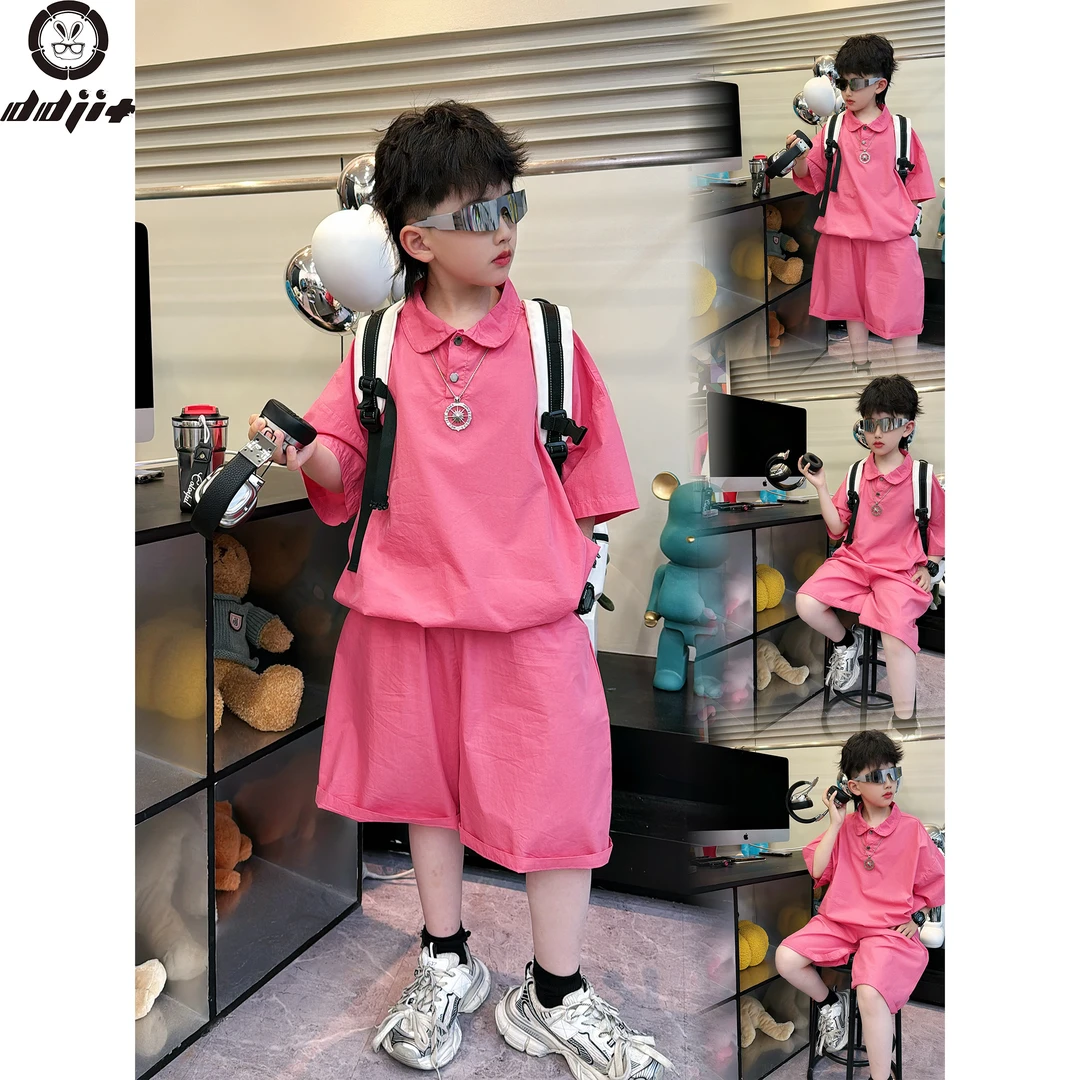 蛋蛋家【c位出道】夏季新款儿童洋气粉色衬衣短袖套装