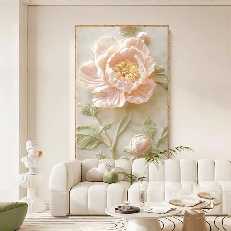 奶油风客厅平面画新款牡丹沙发背景墙餐桌落地高级感入户玄关壁画