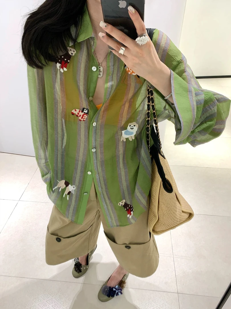 欧阳小狗刺绣轻薄防晒衬衫女夏季设计感小众复古衬衣宽松上衣