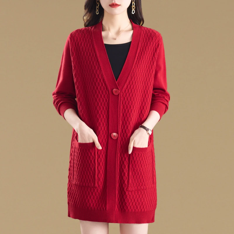 时尚气质V领针织外套女春秋大码胖mm显瘦中长款外搭毛衣开衫披肩