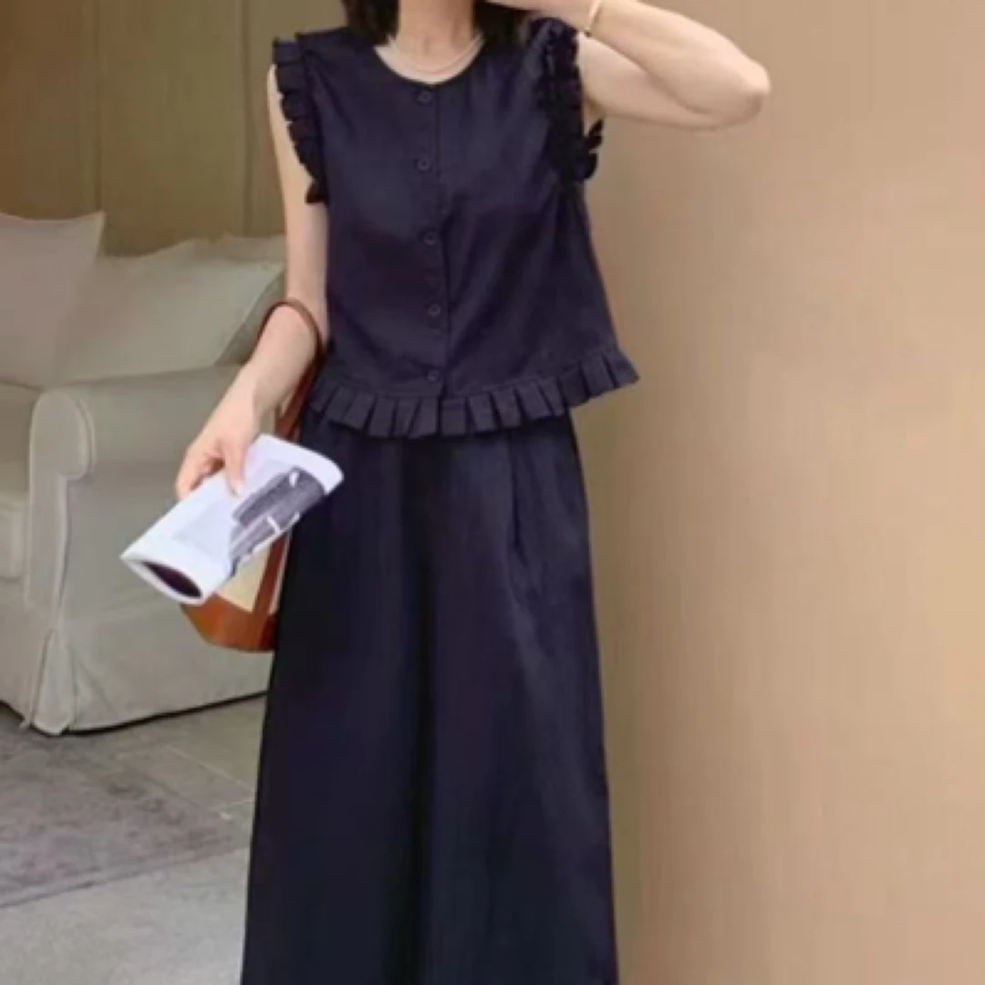 欧洲站2025夏木耳边无袖马甲背心阔腿休闲裤两件套女套装8870