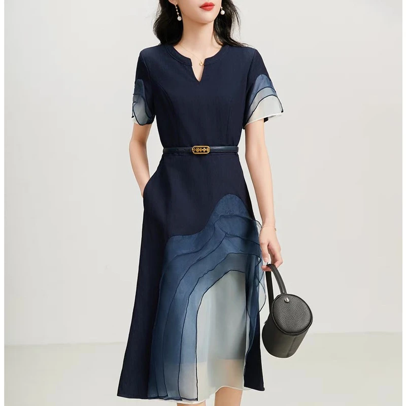 AA2573夏季大码胖mm水墨拼接连衣裙垂感气质中长款裙子