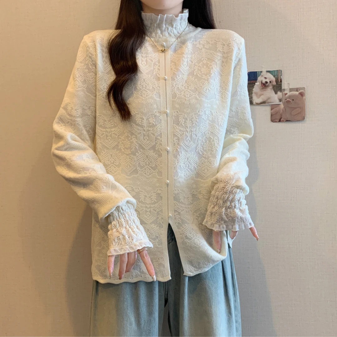 大码女装新中式国风蕾丝半高领打底针织毛衣秋冬胖mm别致显瘦上衣