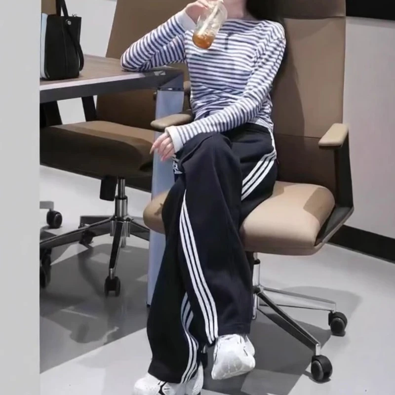 休闲时尚条纹控修身长袖百搭上衣黑色高腰长裤套装2025春季新款女