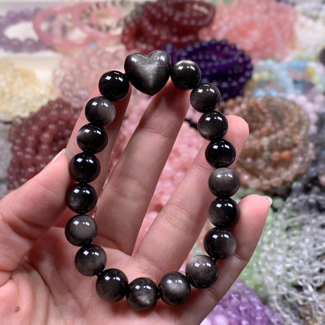 黑曜岩未镶嵌手链银耀石爱心手链卡10m