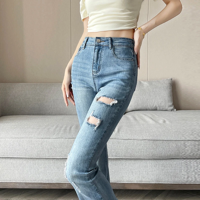 夏季新款薄款百搭喇叭长裤女款高腰显瘦破洞修身小个子牛仔裤