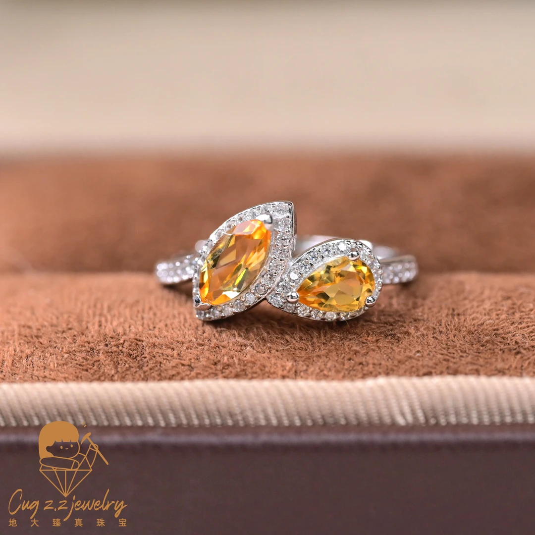 天然黄水晶戒指净体黄水晶双石款925银礼物