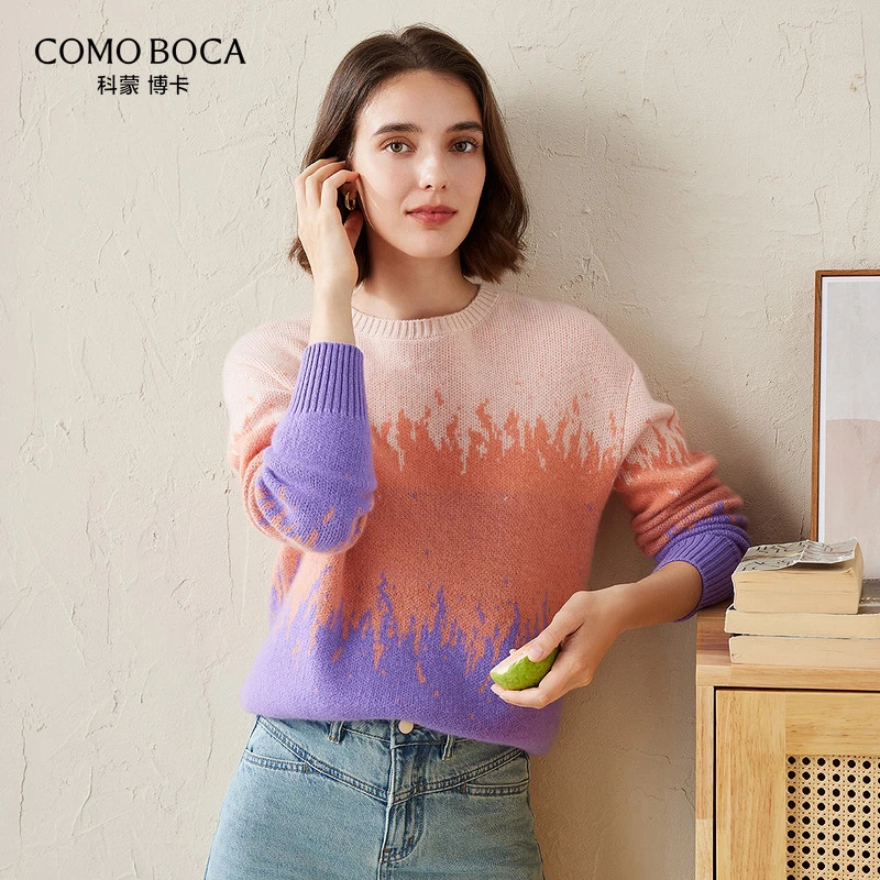 COMOBOCA/科蒙·博卡24秋渐变加厚山羊绒圆领冬提花毛衣女KSS1884