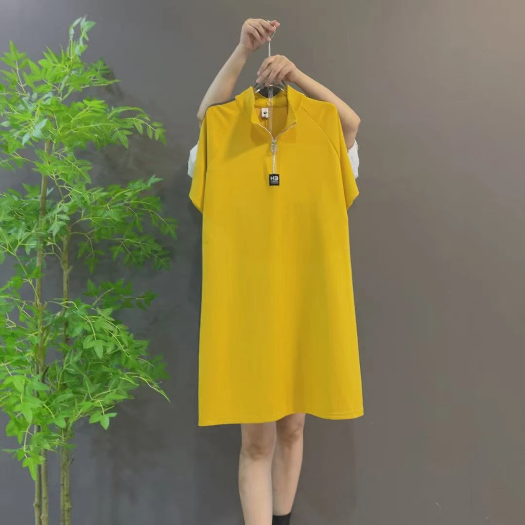 9771夏季新款女休闲中长款大码连衣裙时尚拉链立领宽松短袖