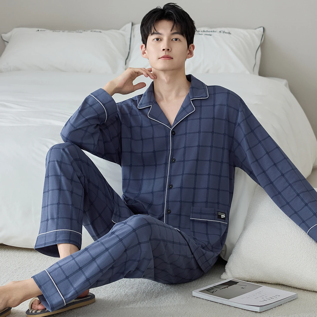 大码睡衣男春秋季休闲长袖长裤2025新款纯棉家居服开衫可外穿套装