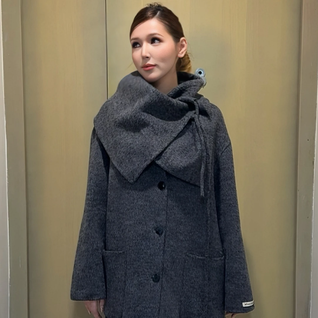 围巾领长款大衣秋冬高级感气质显瘦遮肉外套
