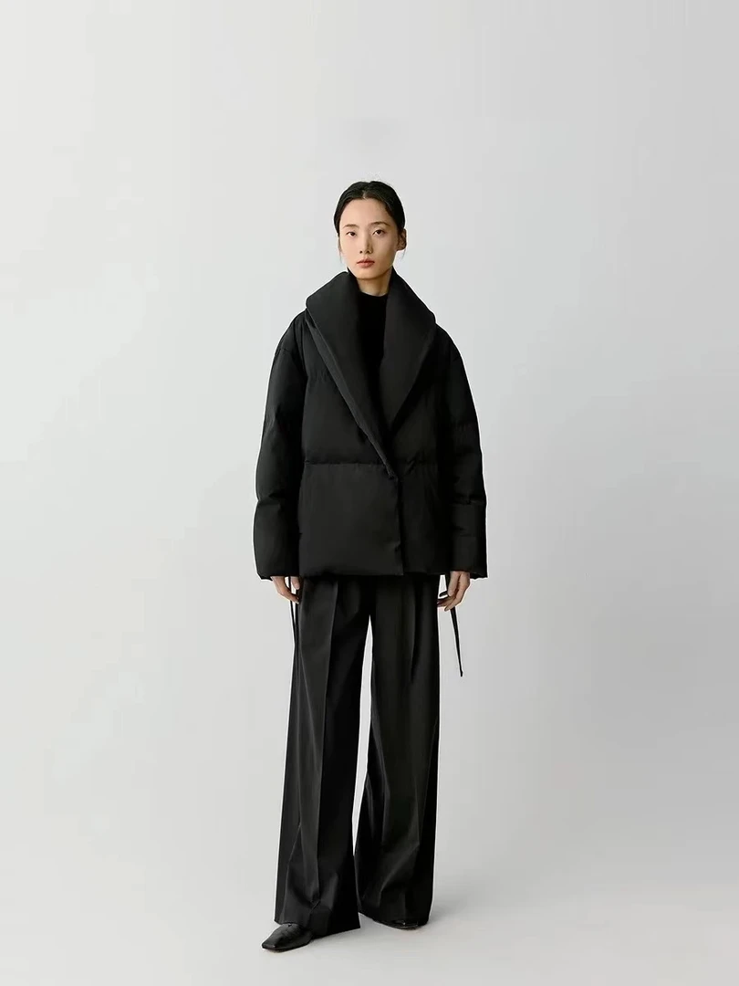 JUNJJ【雨笛悠悠】鹅绒服冬季新款精纺羊毛羽绒服黑色女装羽绒服