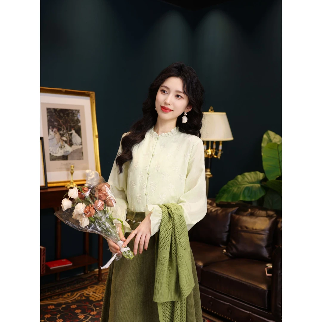 琦琦【花影呢喃】港风复古纯色长袖衬衫宽松百搭上衣YE0706197