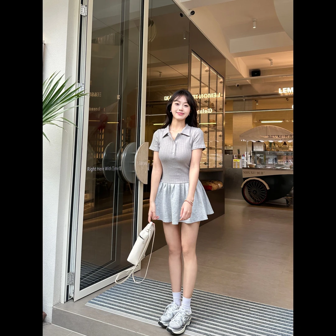 刘婆子店铺款【俱乐部】夏日韩系polo领修身收腰蓬蓬连衣裙871-6