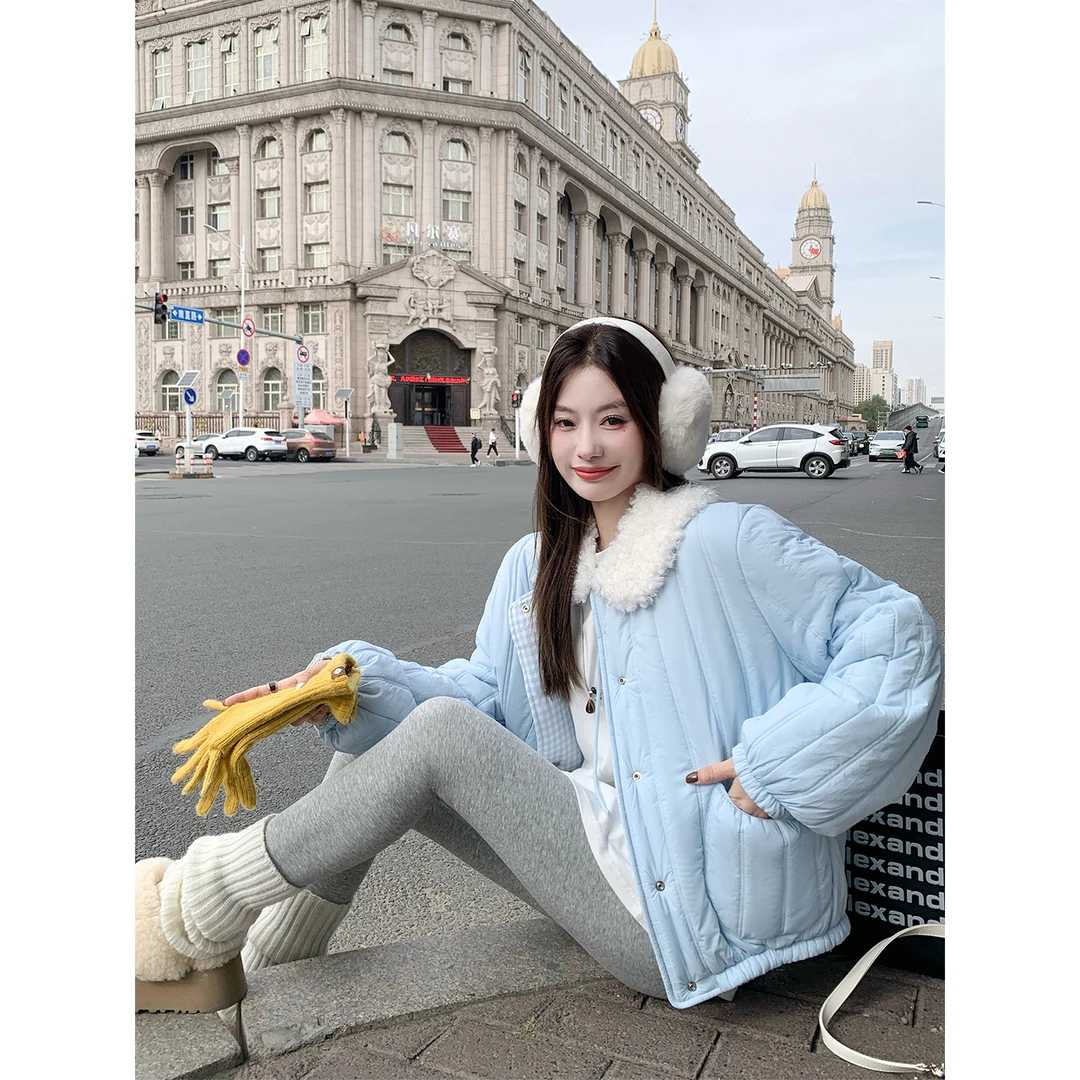 曾小咸 韩系蓝色格子棉服女冬季新款双面穿保暖棉衣ZA54MYY0157